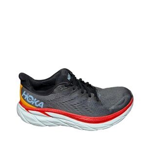 Hoka Clifton 8 Gray Running Shoe with Red and Orange Accents size 9D